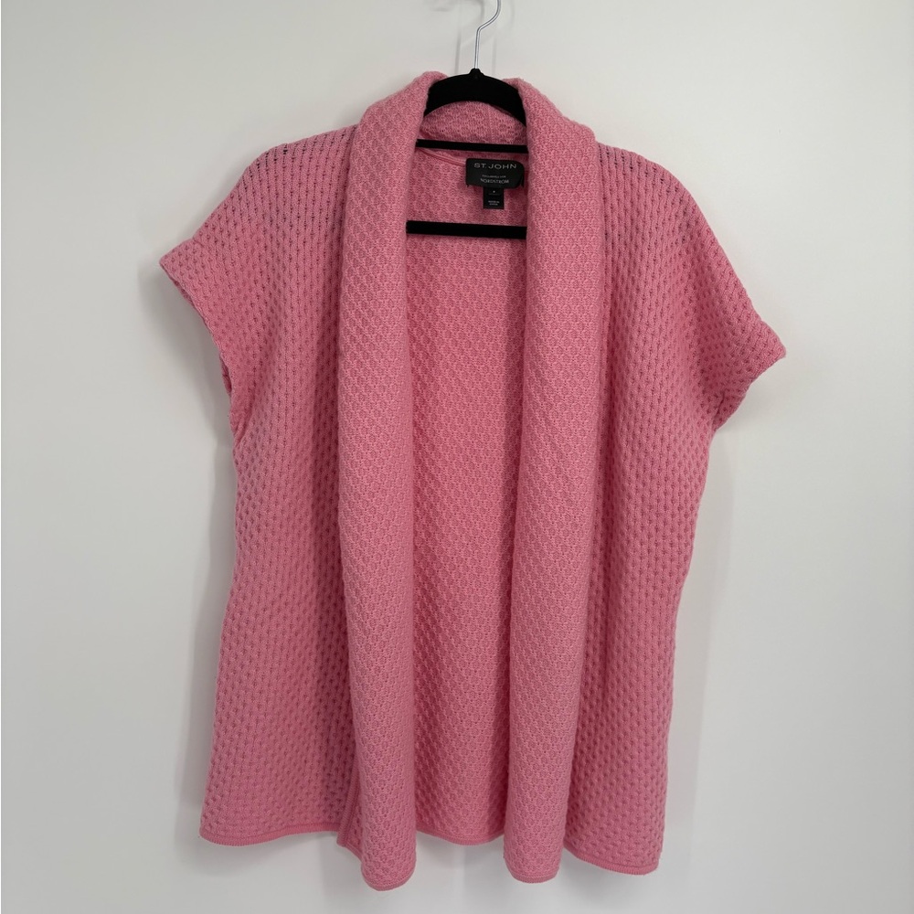St. John Pink Cashmere Women's Short Sleeve Open Front Sweater
